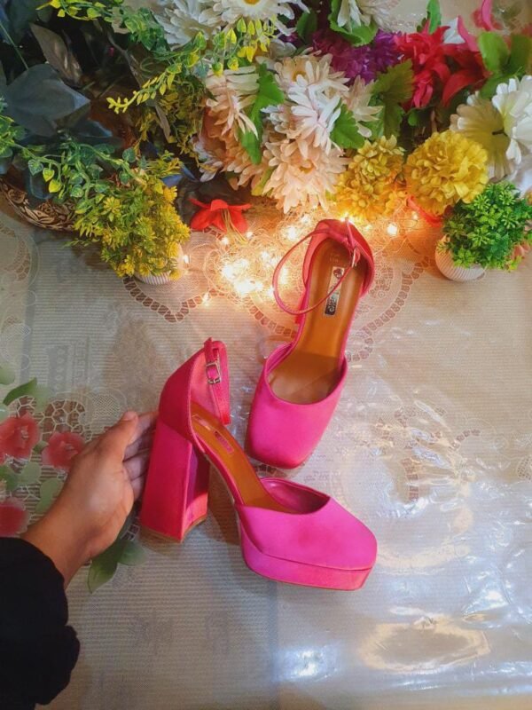 Original Primark Pink Satin Platform Closed Toe Ankle Strap Heels Pakistani Size 9(UK Size 39) - Image 4